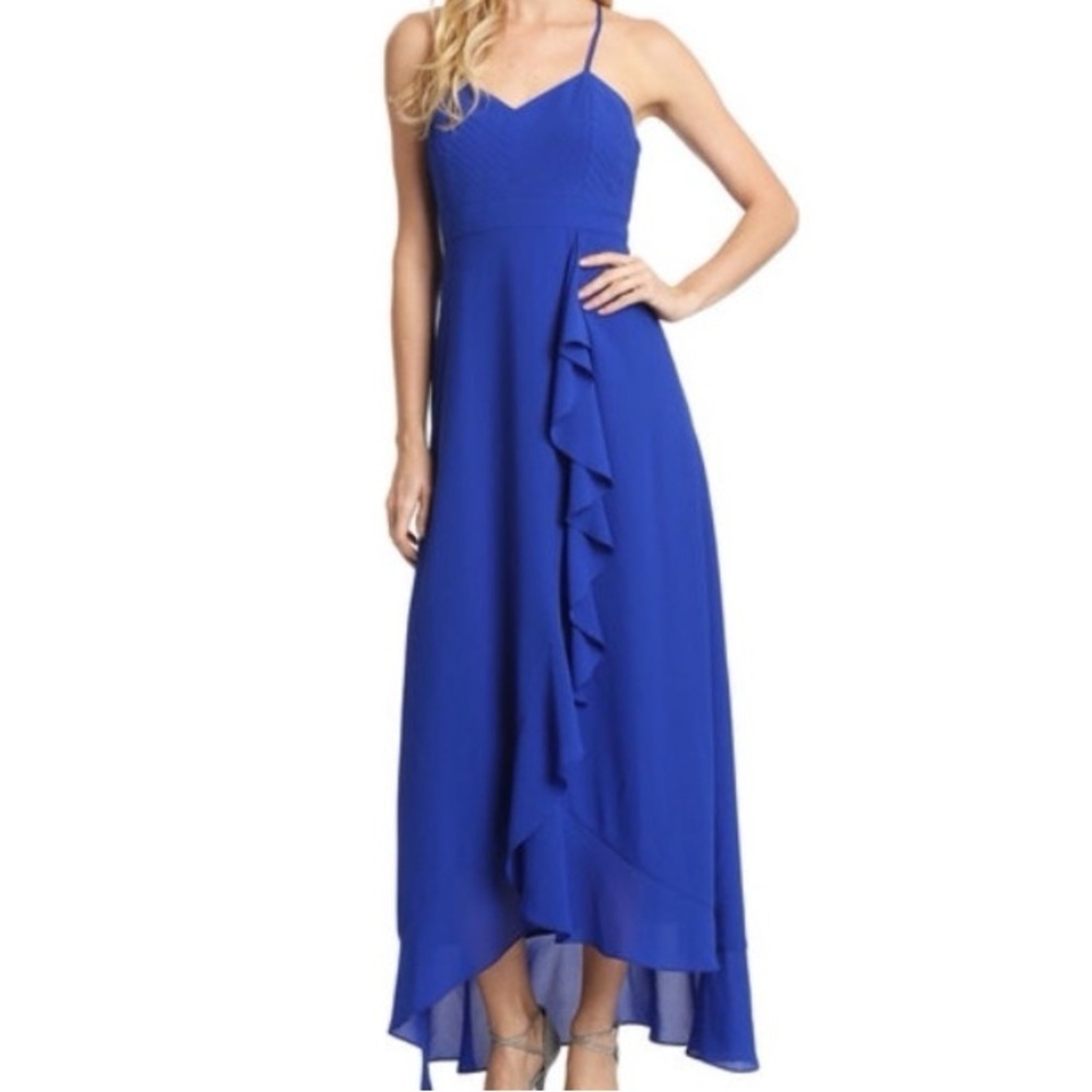 NWT Badgley Mischka Odessa Cobalt Blue Ruffle Floor Length Sleeveless Size 12